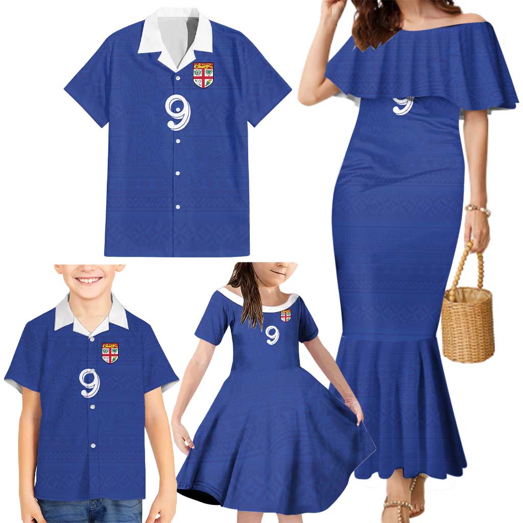 Custom Fijian Football Family Matching Mermaid Dress and Hawaiian Shirt Tapa Pattern and Shark Tribal