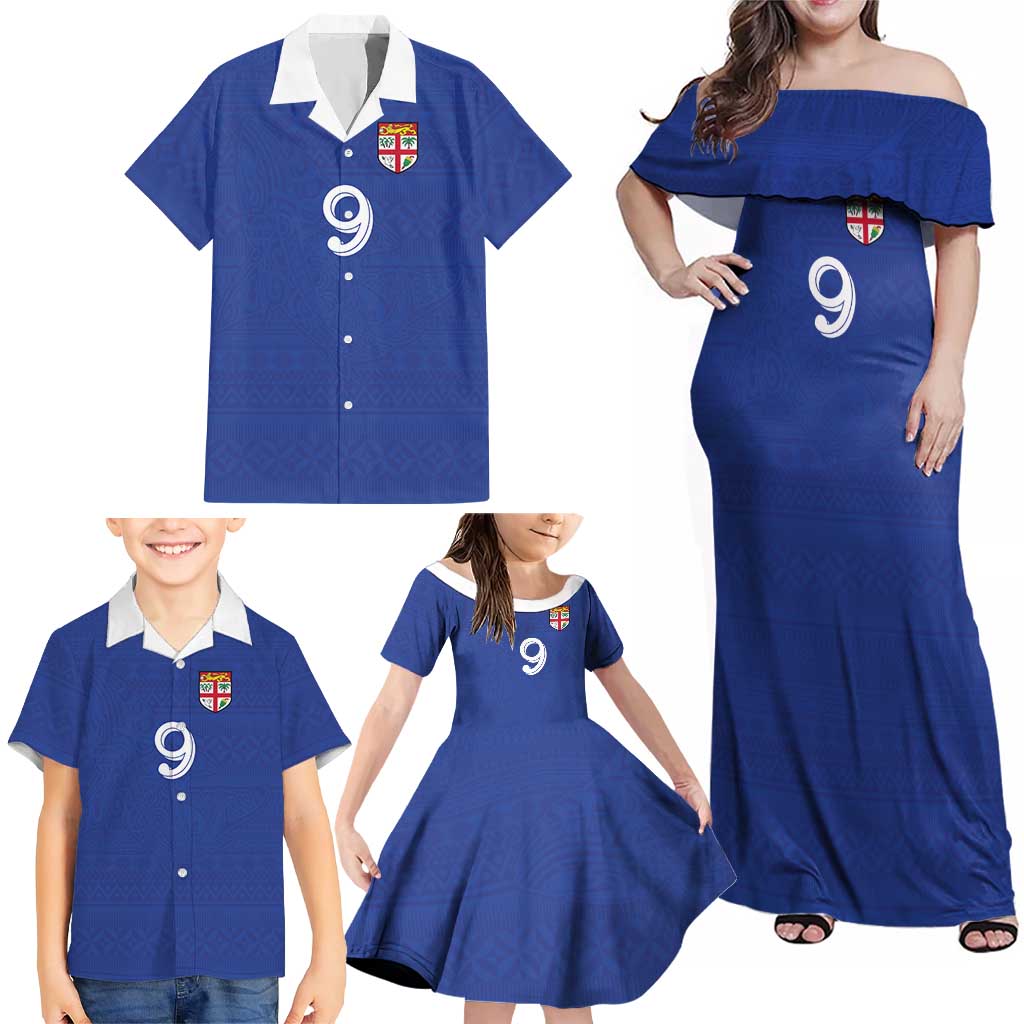 Custom Fijian Football Family Matching Off Shoulder Maxi Dress and Hawaiian Shirt Tapa Pattern and Shark Tribal