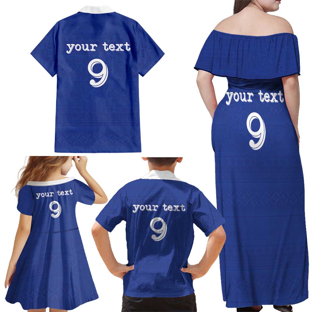 Custom Fijian Football Family Matching Off Shoulder Maxi Dress and Hawaiian Shirt Tapa Pattern and Shark Tribal