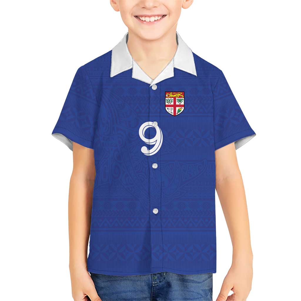 Custom Fijian Football Family Matching Off Shoulder Short Dress and Hawaiian Shirt Tapa Pattern and Shark Tribal LT03 Son's Shirt Blue - Polynesian Pride