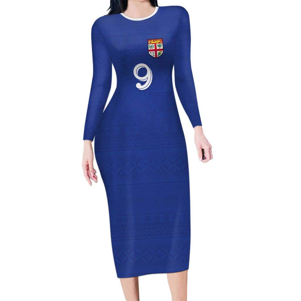 Custom Fijian Football Long Sleeve Bodycon Dress Tapa Pattern and Shark Tribal