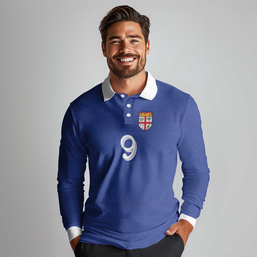 Custom Fijian Football Long Sleeve Polo Shirt Tapa Pattern and Shark Tribal