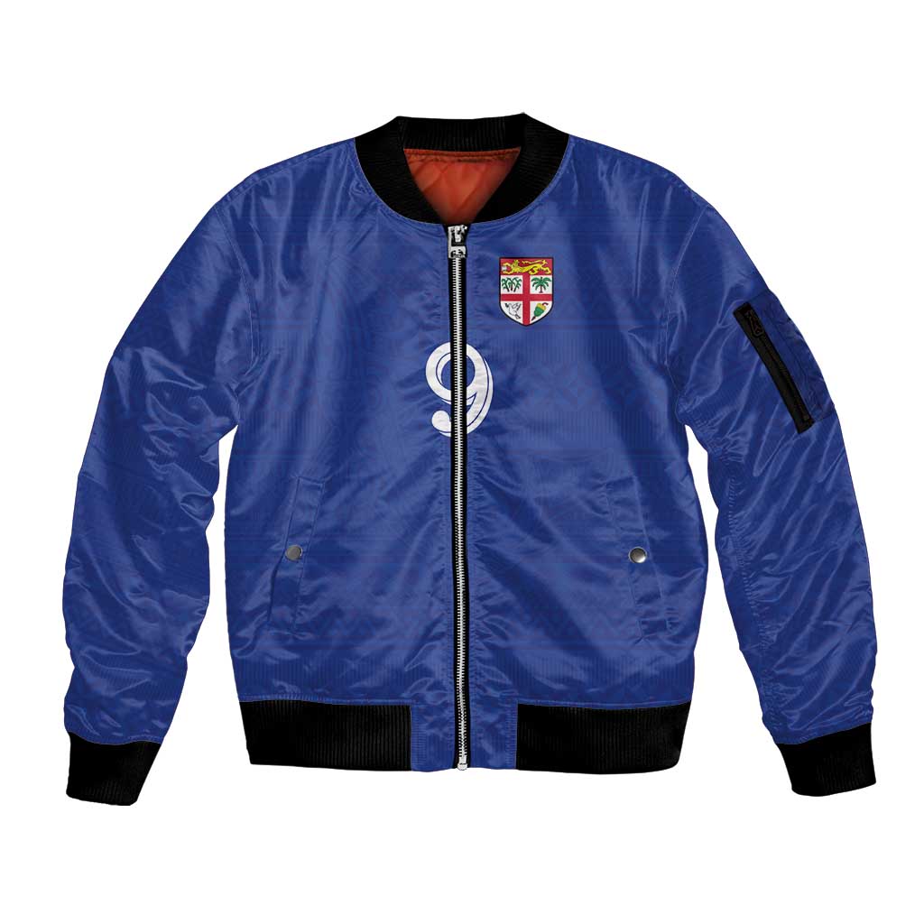Custom Fijian Football Sleeve Zip Bomber Jacket Tapa Pattern and Shark Tribal