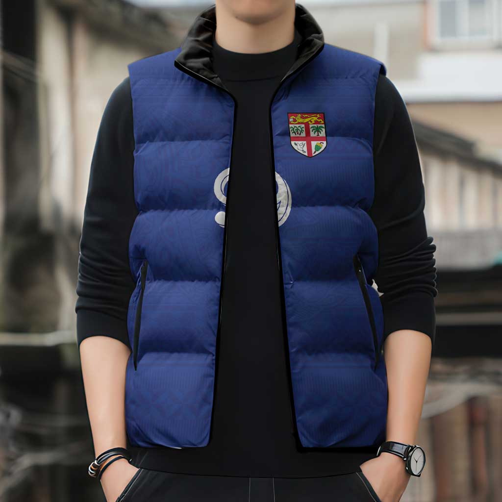 Custom Fijian Football Sleeveless Puffer Jacket Tapa Pattern and Shark Tribal