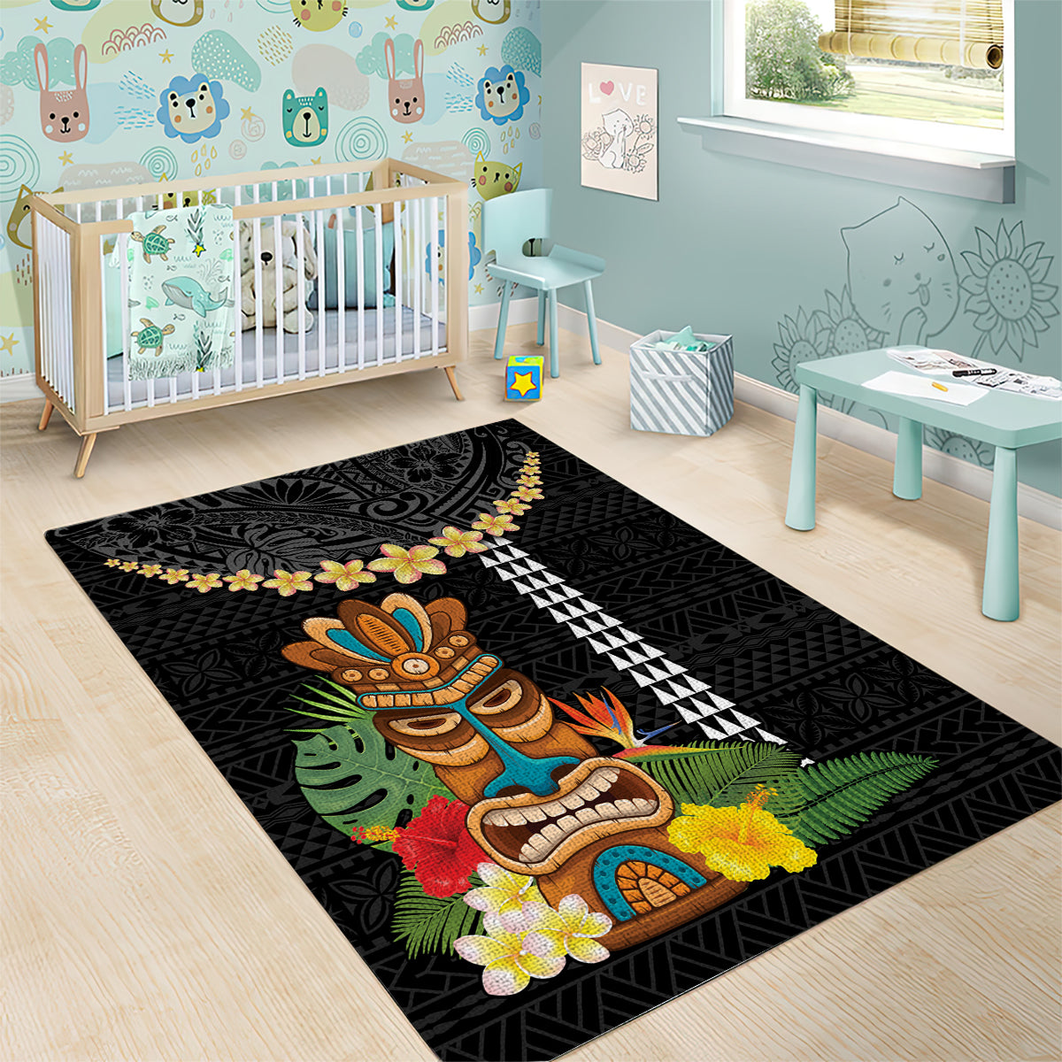 Hawaii Plumeria Lei Area Rug Tiki and Kakau Pattern Black Color