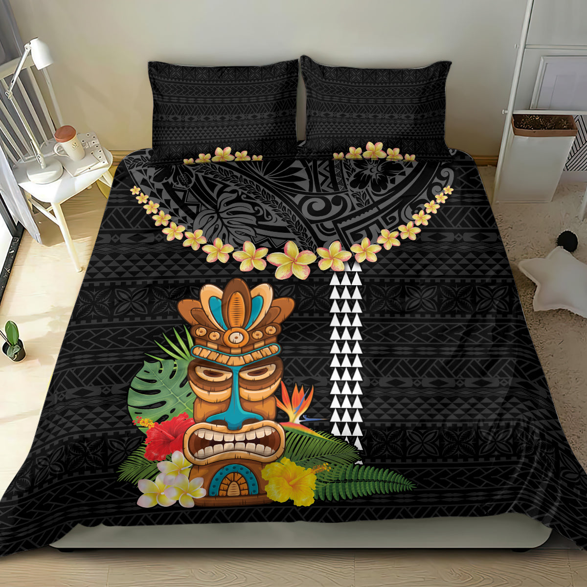 Hawaii Plumeria Lei Bedding Set Tiki and Kakau Pattern Black Color