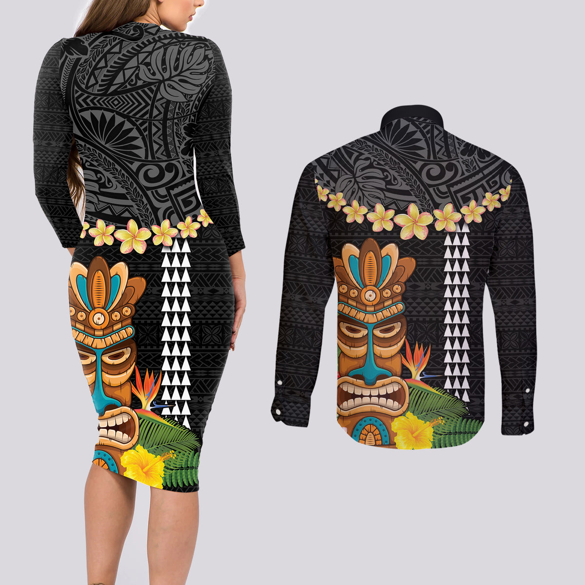 Hawaii Plumeria Lei Couples Matching Long Sleeve Bodycon Dress and Long Sleeve Button Shirt Tiki and Kakau Pattern Black Color