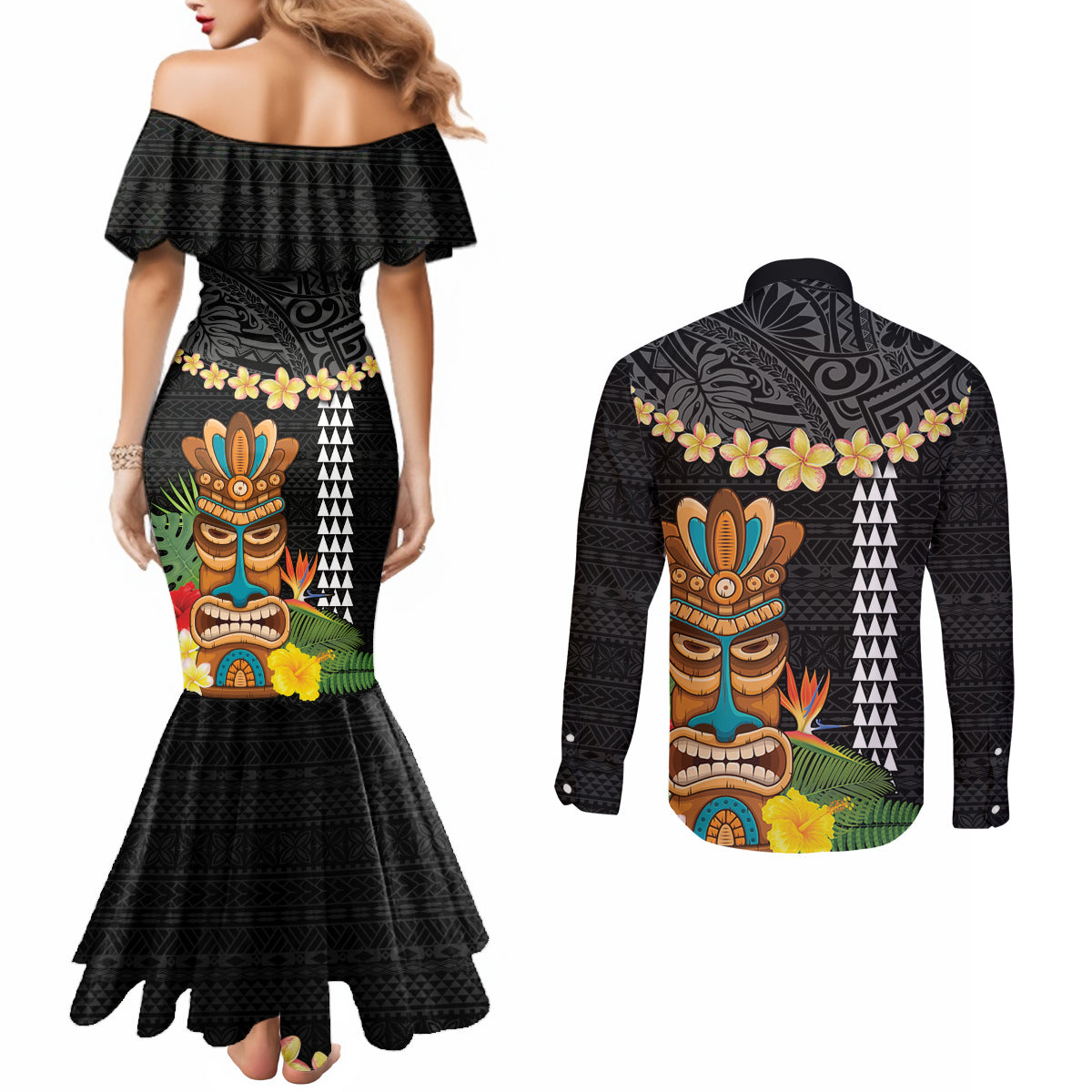 Hawaii Plumeria Lei Couples Matching Mermaid Dress and Long Sleeve Button Shirt Tiki and Kakau Pattern Black Color