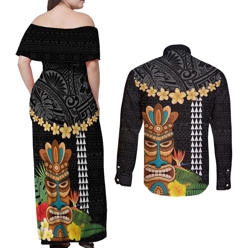 Hawaii Plumeria Lei Couples Matching Off Shoulder Maxi Dress and Long Sleeve Button Shirt Tiki and Kakau Pattern Black Color
