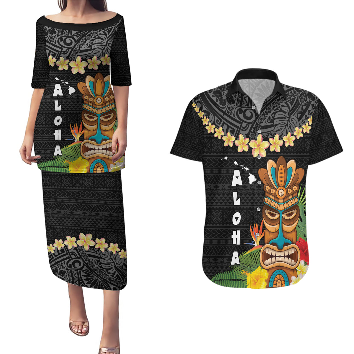 Hawaii Plumeria Lei Couples Matching Puletasi and Hawaiian Shirt Tiki and Kakau Pattern Black Color