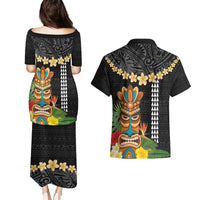 Hawaii Plumeria Lei Couples Matching Puletasi and Hawaiian Shirt Tiki and Kakau Pattern Black Color