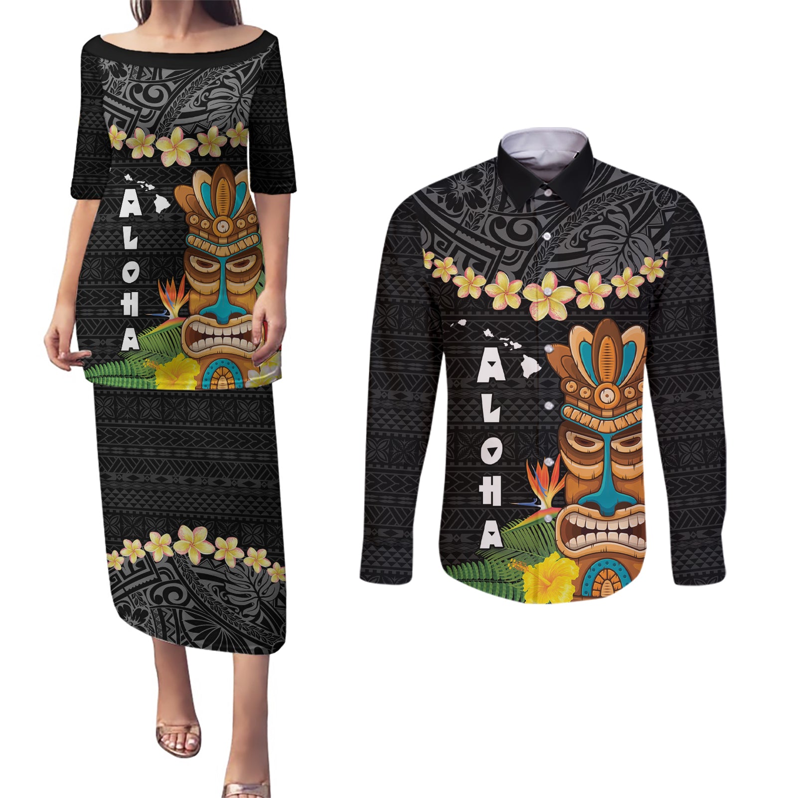 Hawaii Plumeria Lei Couples Matching Puletasi and Long Sleeve Button Shirt Tiki and Kakau Pattern Black Color