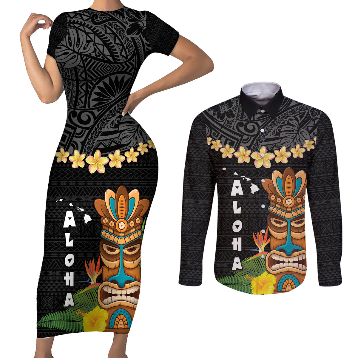 Hawaii Plumeria Lei Couples Matching Short Sleeve Bodycon Dress and Long Sleeve Button Shirt Tiki and Kakau Pattern Black Color