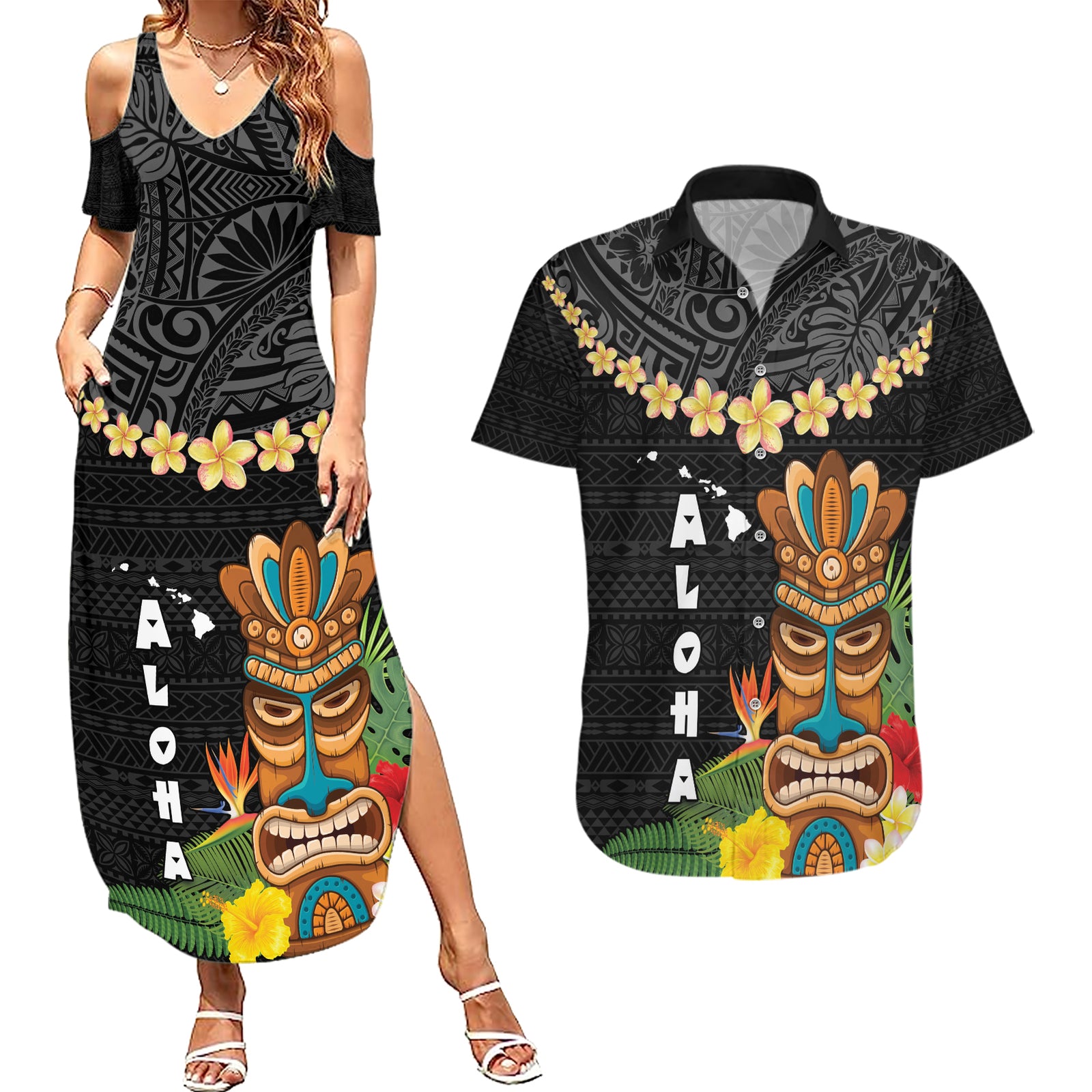Hawaii Plumeria Lei Couples Matching Summer Maxi Dress and Hawaiian Shirt Tiki and Kakau Pattern Black Color