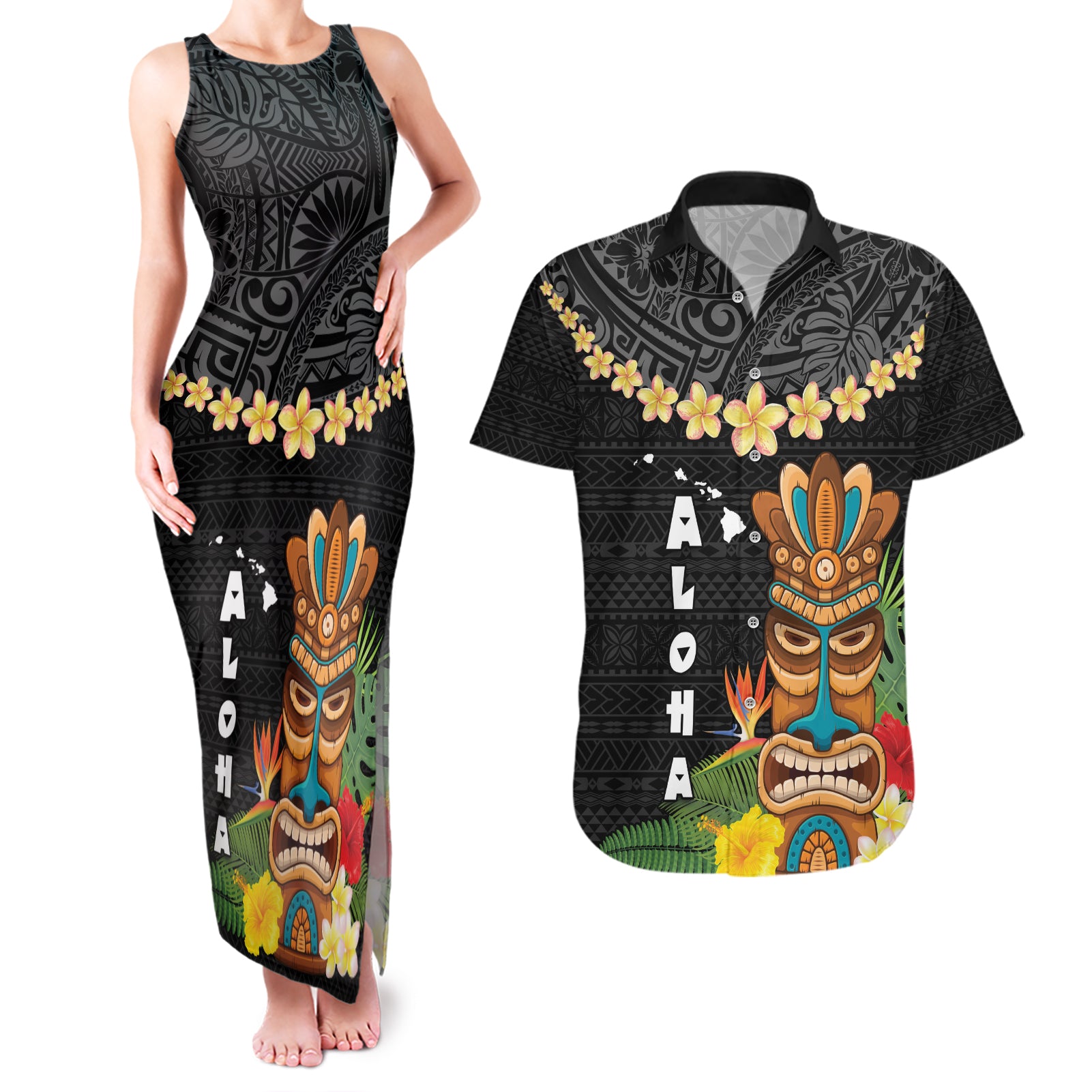Hawaii Plumeria Lei Couples Matching Tank Maxi Dress and Hawaiian Shirt Tiki and Kakau Pattern Black Color