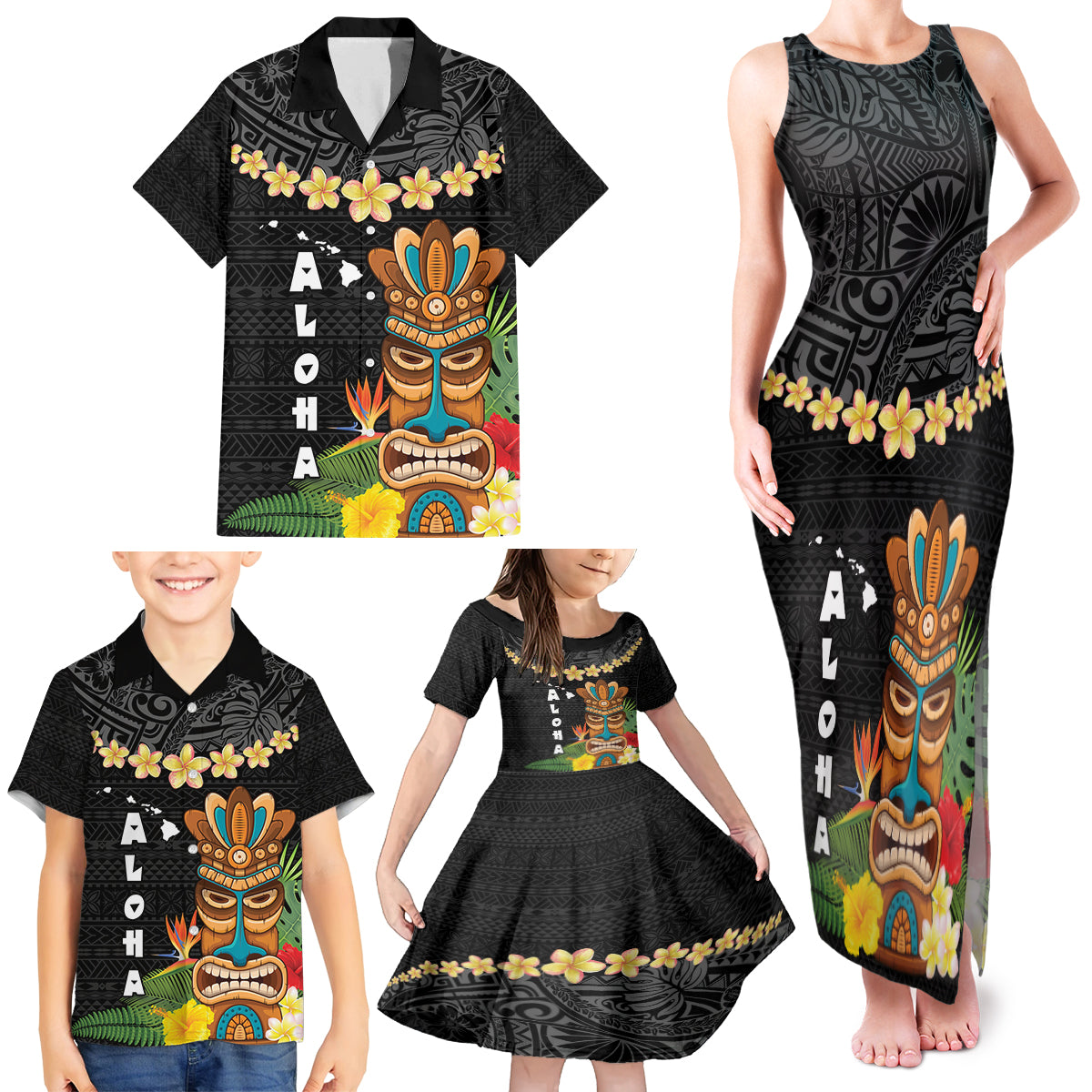 Hawaii Plumeria Lei Family Matching Tank Maxi Dress and Hawaiian Shirt Tiki and Kakau Pattern Black Color