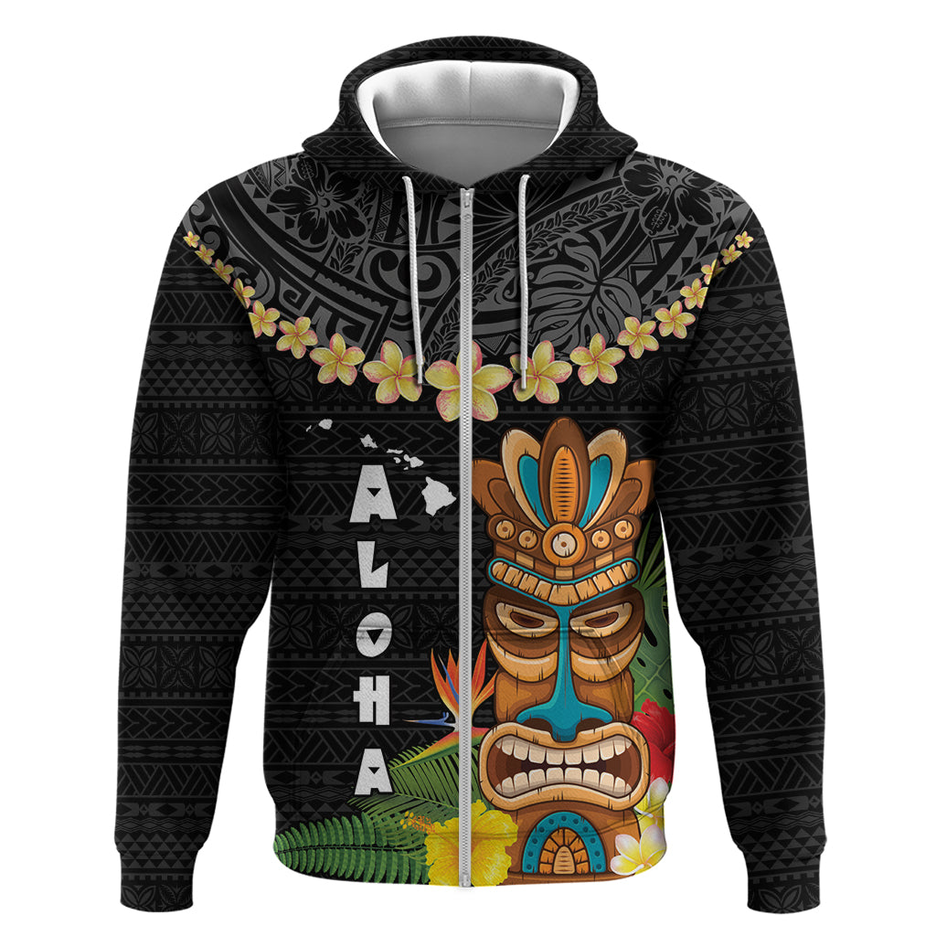 Hawaii Plumeria Lei Hoodie Tiki and Kakau Pattern Black Color