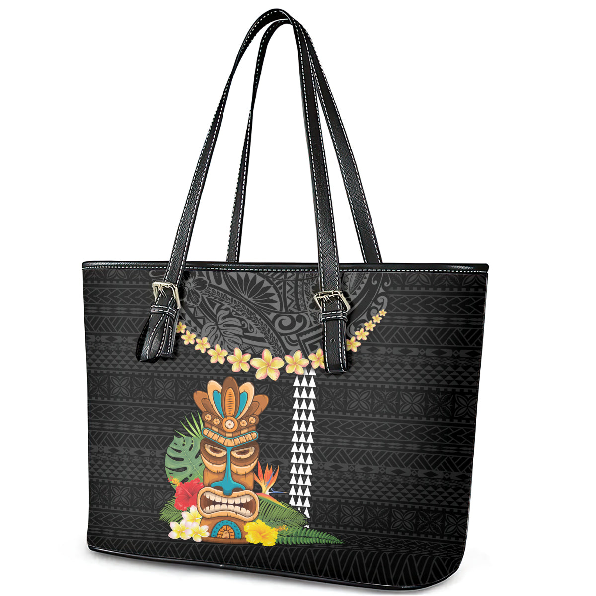 Hawaii Plumeria Lei Leather Tote Bag Tiki and Kakau Pattern Black Color