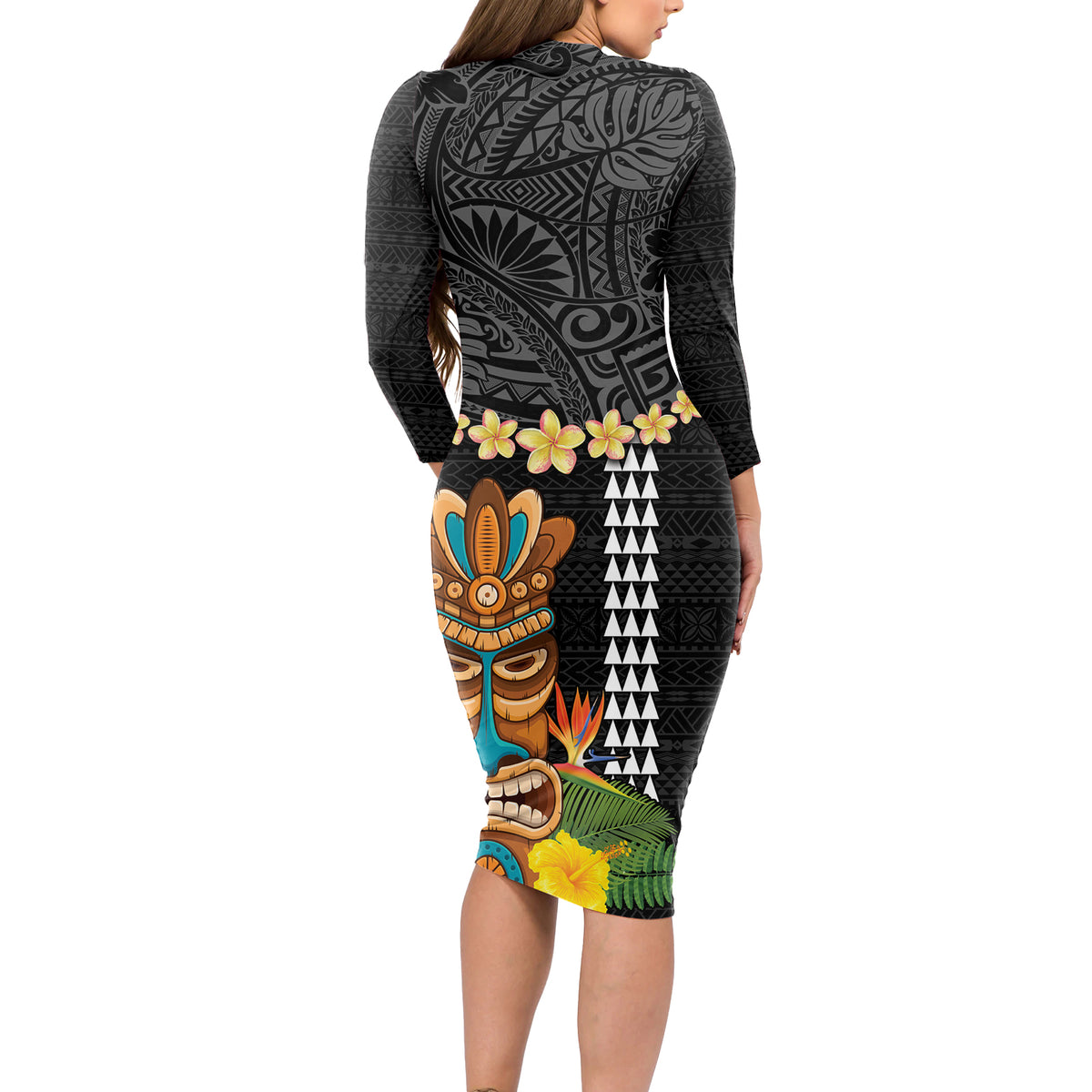 Hawaii Plumeria Lei Long Sleeve Bodycon Dress Tiki and Kakau Pattern Black Color