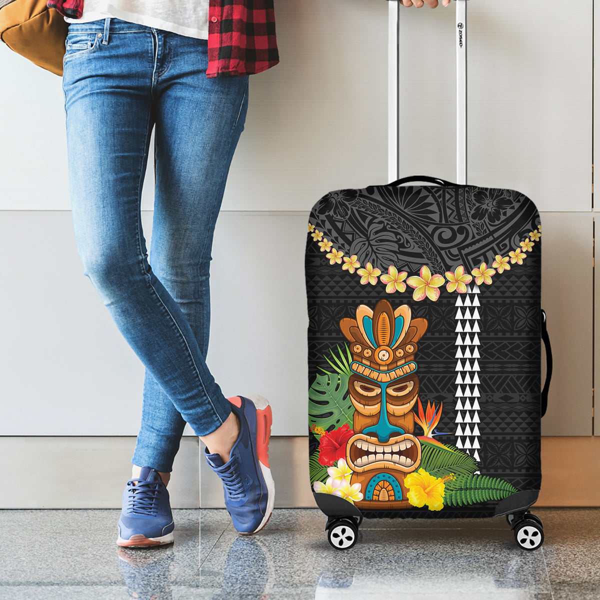 Hawaii Plumeria Lei Luggage Cover Tiki and Kakau Pattern Black Color