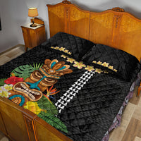 Hawaii Plumeria Lei Quilt Bed Set Tiki and Kakau Pattern Black Color