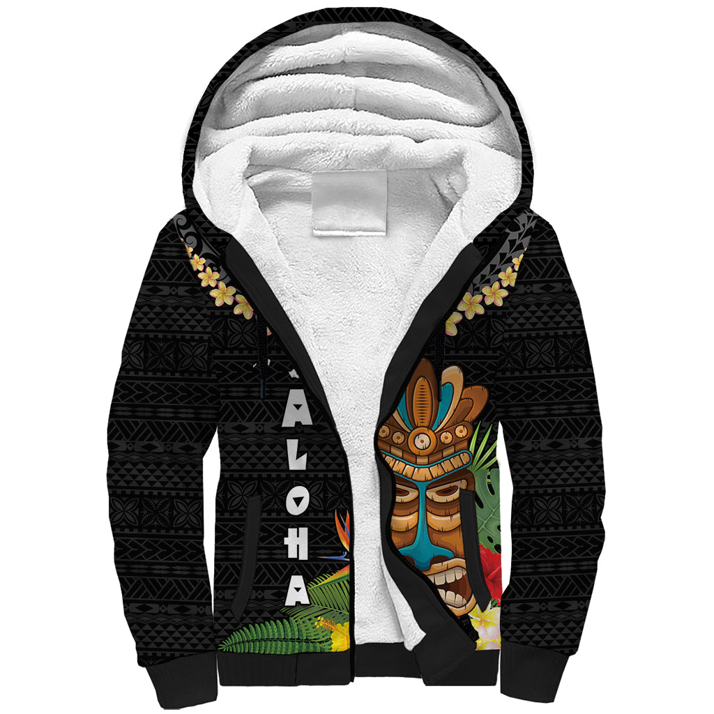 Hawaii Plumeria Lei Sherpa Hoodie Tiki and Kakau Pattern Black Color