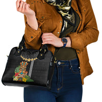 Hawaii Plumeria Lei Shoulder Handbag Tiki and Kakau Pattern Black Color