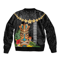 Hawaii Plumeria Lei Sleeve Zip Bomber Jacket Tiki and Kakau Pattern Black Color