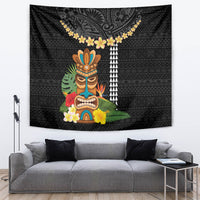 Hawaii Plumeria Lei Tapestry Tiki and Kakau Pattern Black Color