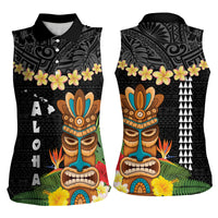 Hawaii Plumeria Lei Women Sleeveless Polo Shirt Tiki and Kakau Pattern Black Color