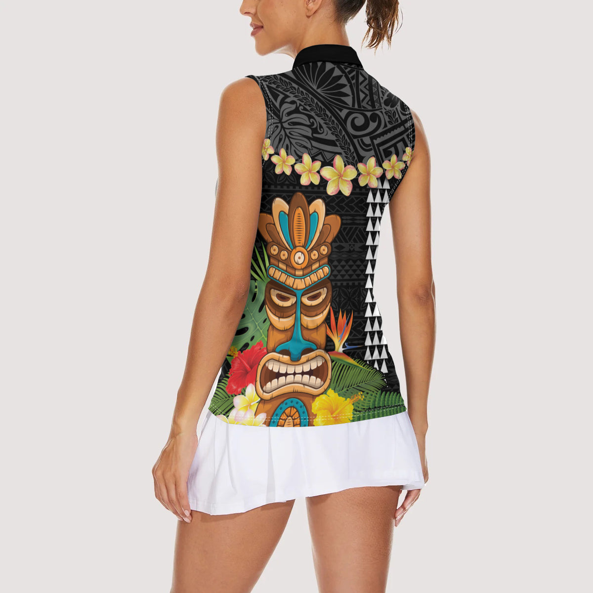 Hawaii Plumeria Lei Women Sleeveless Polo Shirt Tiki and Kakau Pattern Black Color