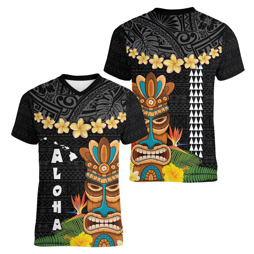 Hawaii Plumeria Lei Women V-Neck T-Shirt Tiki and Kakau Pattern Black Color