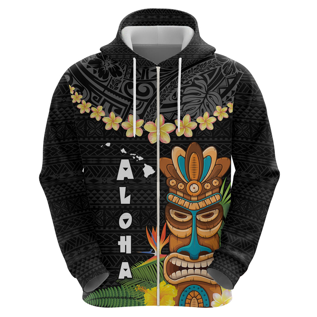 Hawaii Plumeria Lei Zip Hoodie Tiki and Kakau Pattern Black Color