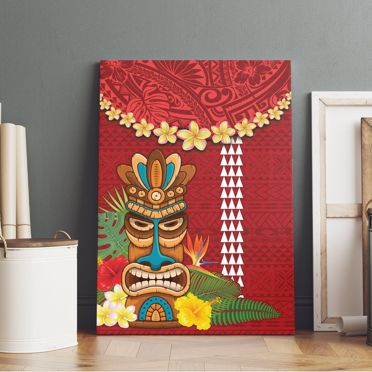 Hawaii Plumeria Lei Canvas Wall Art Tiki and Kakau Pattern Red Color