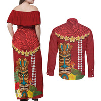 Hawaii Plumeria Lei Couples Matching Off Shoulder Maxi Dress and Long Sleeve Button Shirt Tiki and Kakau Pattern Red Color