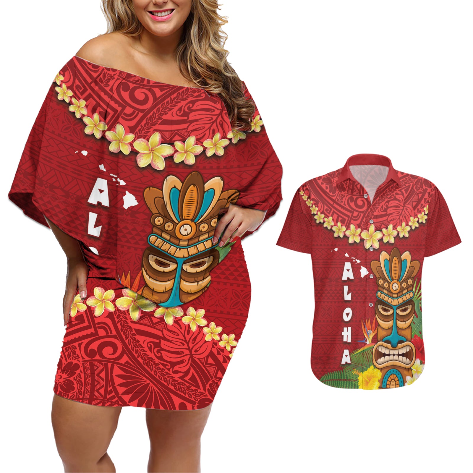 Hawaii Plumeria Lei Couples Matching Off Shoulder Short Dress and Hawaiian Shirt Tiki and Kakau Pattern Red Color