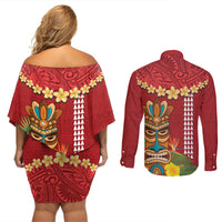Hawaii Plumeria Lei Couples Matching Off Shoulder Short Dress and Long Sleeve Button Shirt Tiki and Kakau Pattern Red Color