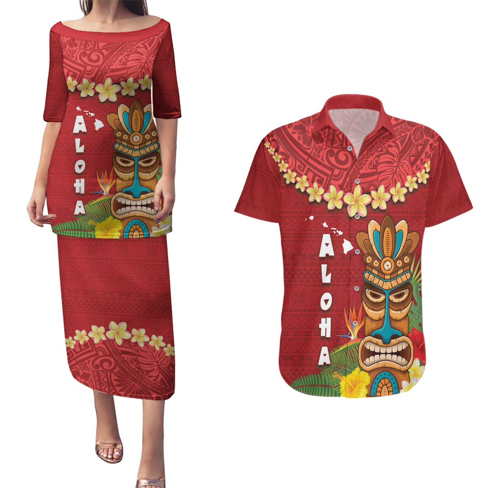 Hawaii Plumeria Lei Couples Matching Puletasi and Hawaiian Shirt Tiki and Kakau Pattern Red Color