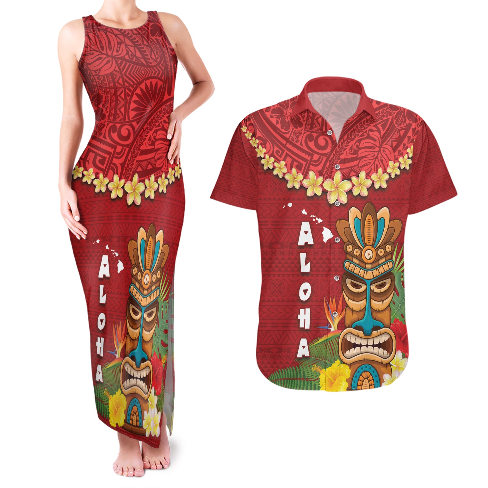 Hawaii Plumeria Lei Couples Matching Tank Maxi Dress and Hawaiian Shirt Tiki and Kakau Pattern Red Color
