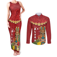 Hawaii Plumeria Lei Couples Matching Tank Maxi Dress and Long Sleeve Button Shirt Tiki and Kakau Pattern Red Color
