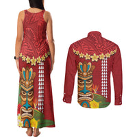 Hawaii Plumeria Lei Couples Matching Tank Maxi Dress and Long Sleeve Button Shirt Tiki and Kakau Pattern Red Color
