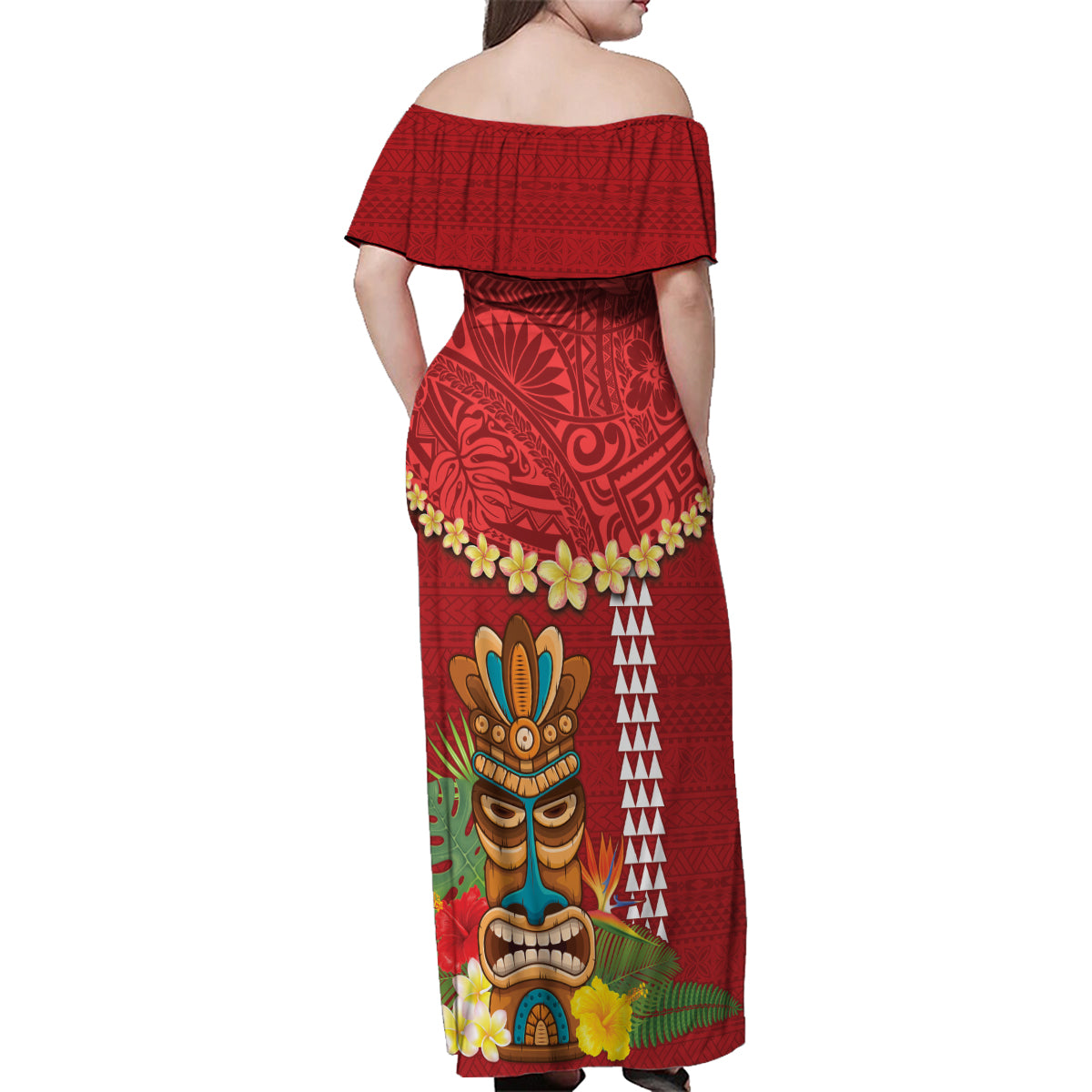 Hawaii Plumeria Lei Family Matching Off Shoulder Maxi Dress and Hawaiian Shirt Tiki and Kakau Pattern Red Color