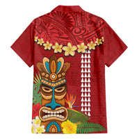 Hawaii Plumeria Lei Family Matching Off Shoulder Short Dress and Hawaiian Shirt Tiki and Kakau Pattern Red Color