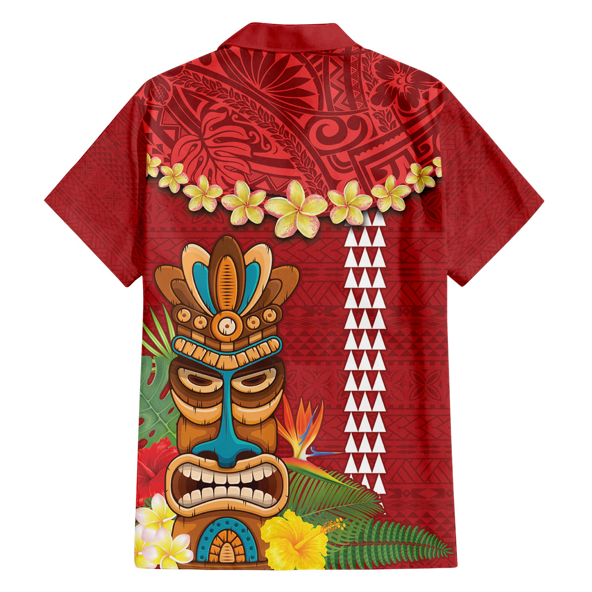 Hawaii Plumeria Lei Family Matching Summer Maxi Dress and Hawaiian Shirt Tiki and Kakau Pattern Red Color