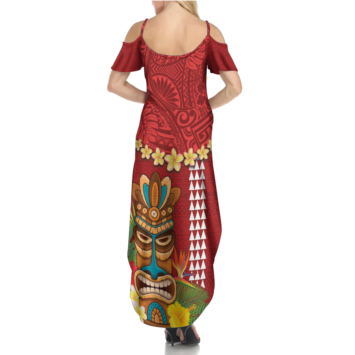 Hawaii Plumeria Lei Family Matching Summer Maxi Dress and Hawaiian Shirt Tiki and Kakau Pattern Red Color
