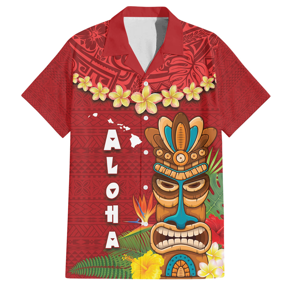 Hawaii Plumeria Lei Family Matching Tank Maxi Dress and Hawaiian Shirt Tiki and Kakau Pattern Red Color