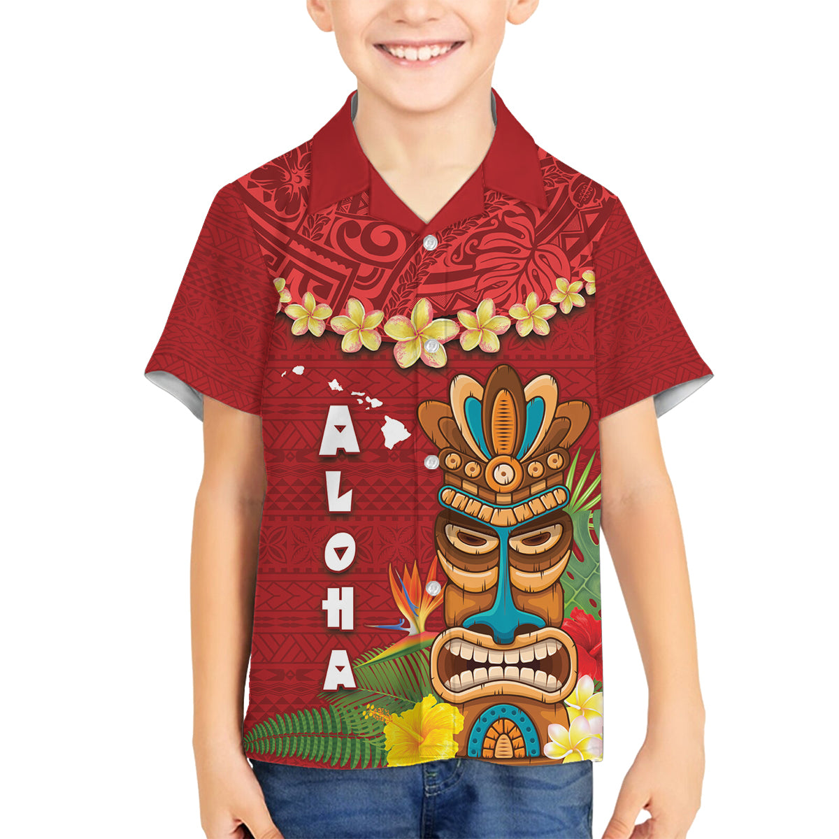 Hawaii Plumeria Lei Family Matching Tank Maxi Dress and Hawaiian Shirt Tiki and Kakau Pattern Red Color