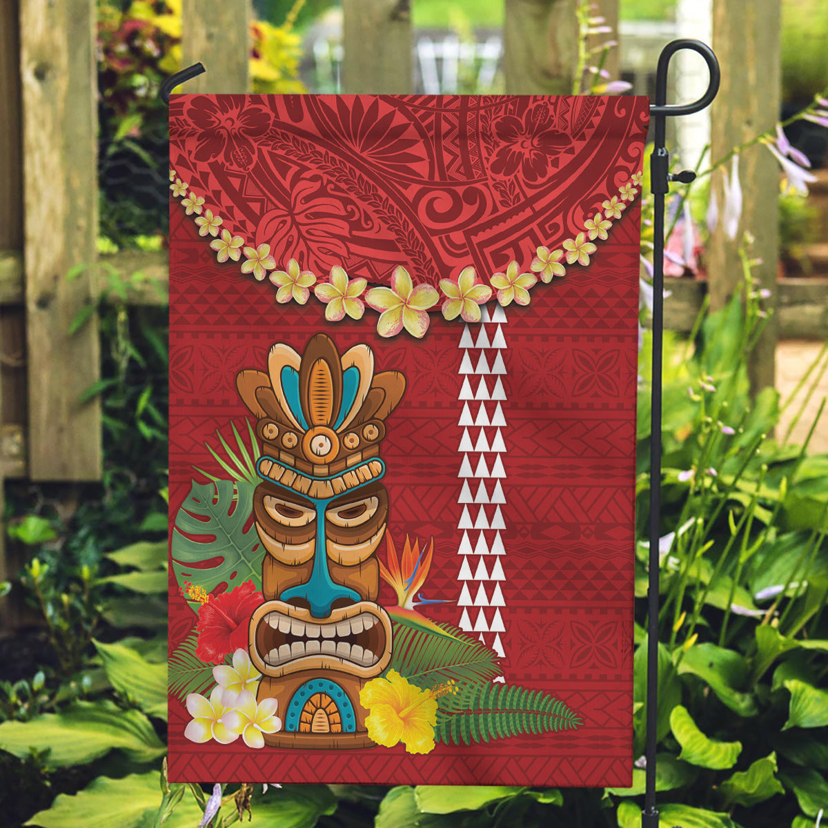 Hawaii Plumeria Lei Garden Flag Tiki and Kakau Pattern Red Color LT03 Garden Flag Red - Polynesian Pride