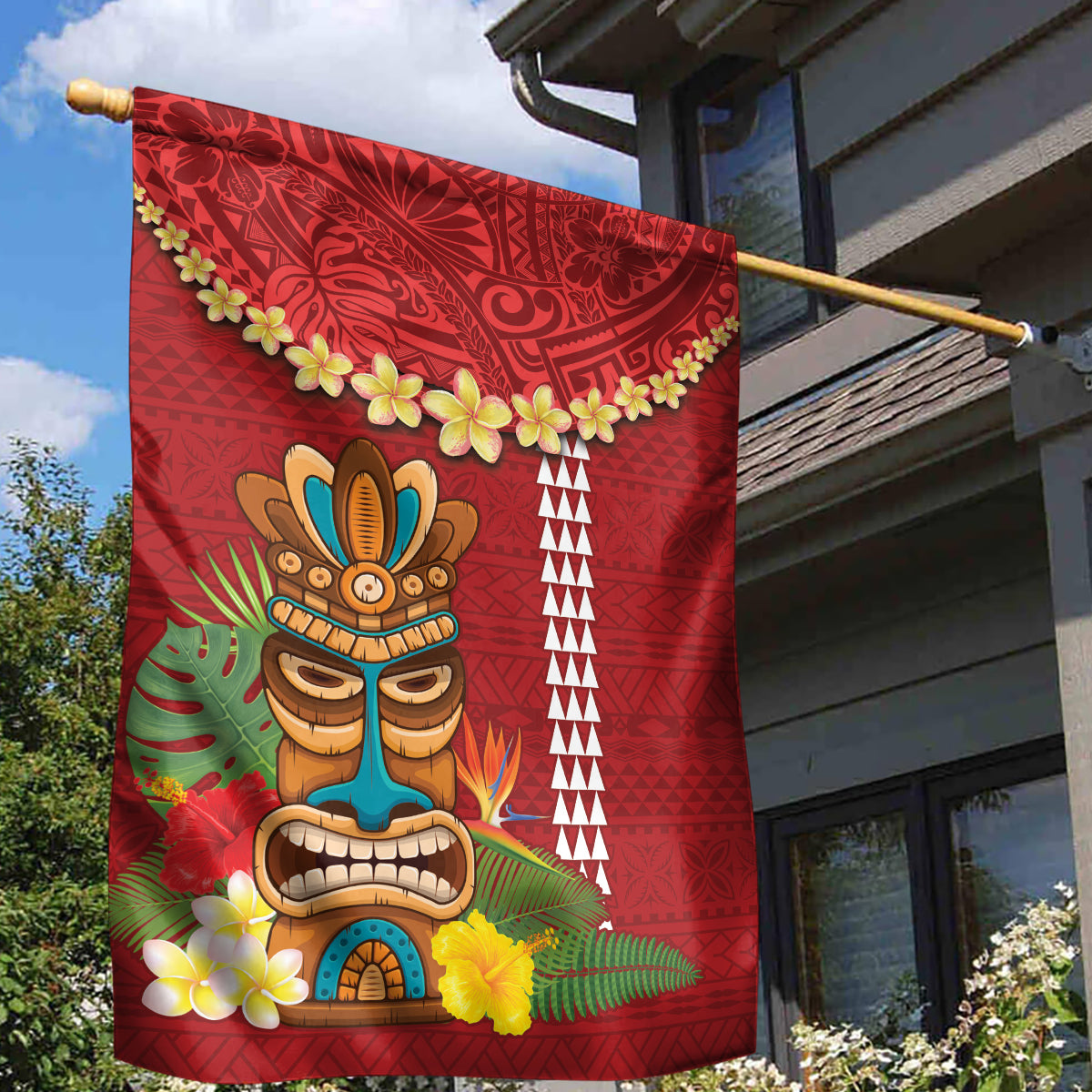Hawaii Plumeria Lei Garden Flag Tiki and Kakau Pattern Red Color LT03 - Polynesian Pride