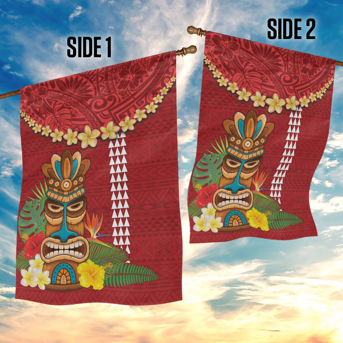 Hawaii Plumeria Lei Garden Flag Tiki and Kakau Pattern Red Color LT03 - Polynesian Pride